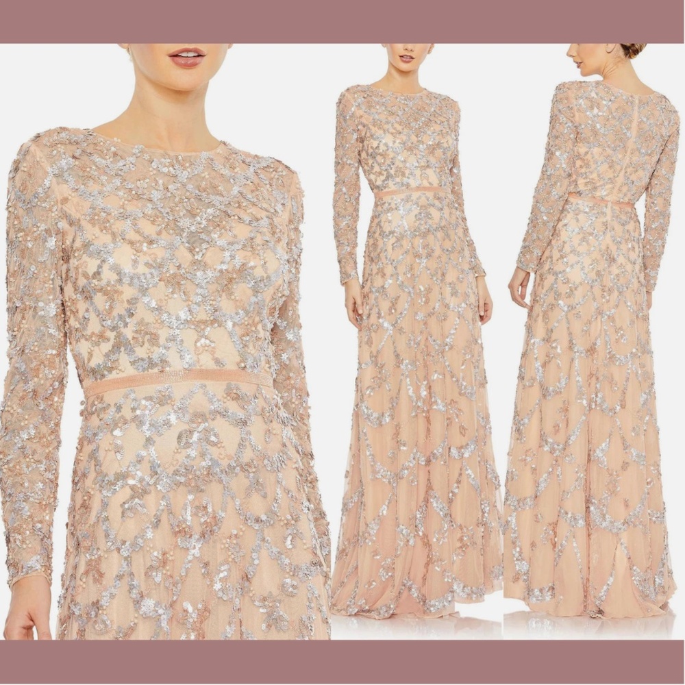 NWT $698 Mac Duggal [ 14 ] Embellished Long Sleeve A-Line Gown in‎ Blush
